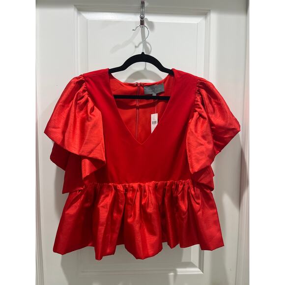 NWT Anthropologie Sunday in Brooklyn V-Neck Babydoll Red Blouse Sz L - Picture 2 of 9